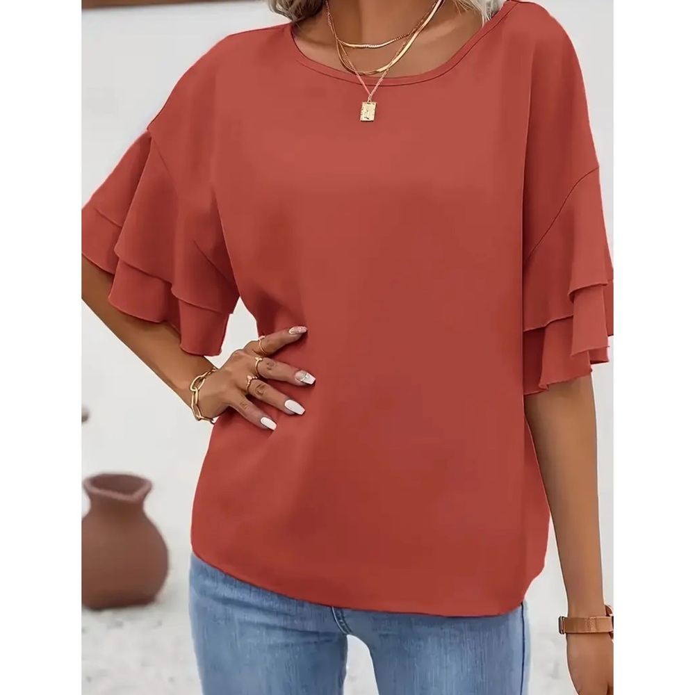 3 Pack Plus Size Brick Red Ruffle Sleeve Blouse
